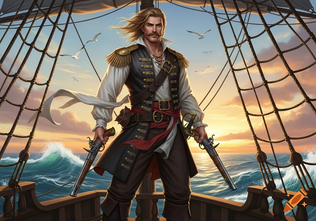 A blond male pirate with a mustache stands on a ship's deck, holding two pistols at sunset.