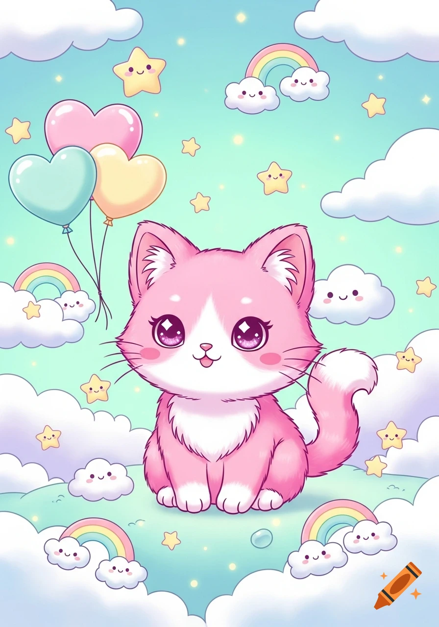 A cute pink and white cartoon cat with large purple eyes sits on a cloud, surrounded by heart balloons, stars, smiling clouds, and rainbows.