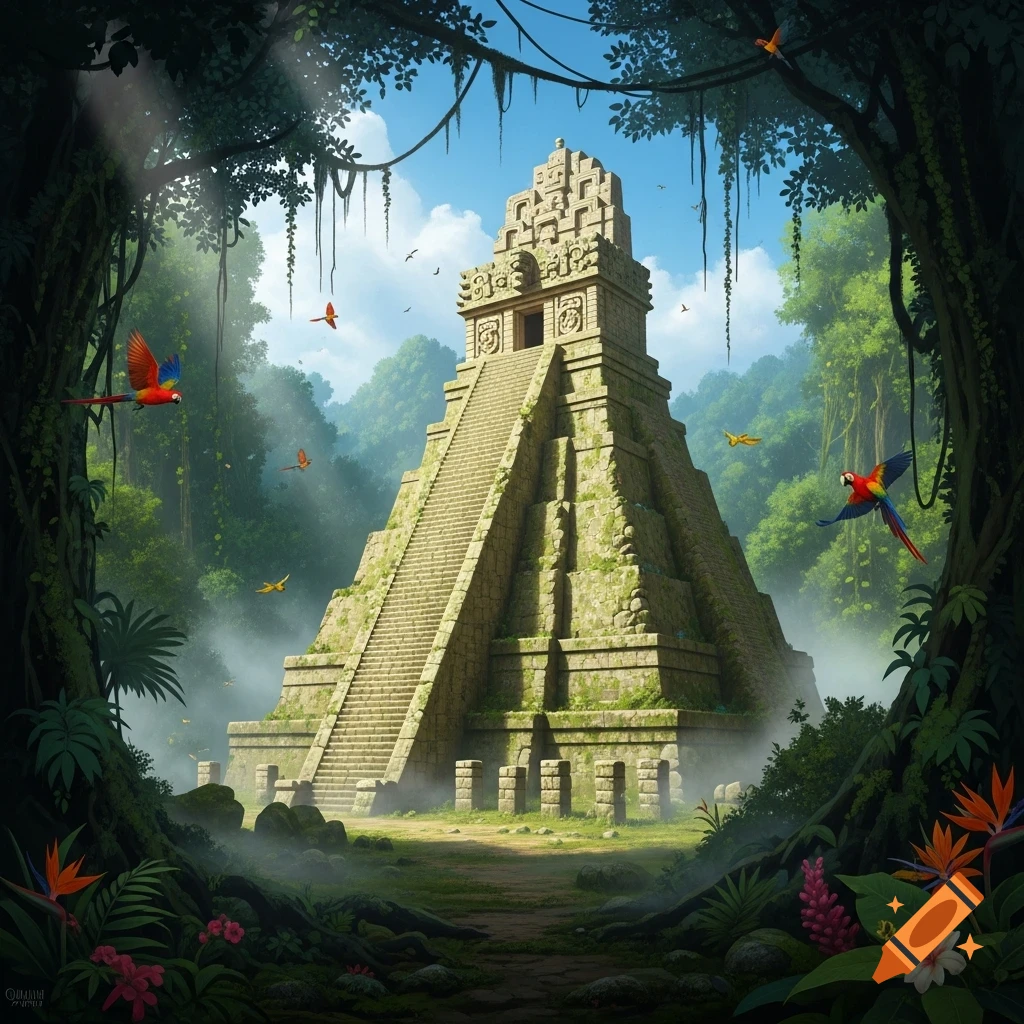 A grand moss-covered ancient Mayan-style stone pyramid stands in a misty, lush jungle under a blue sky, with colorful parrots flying.