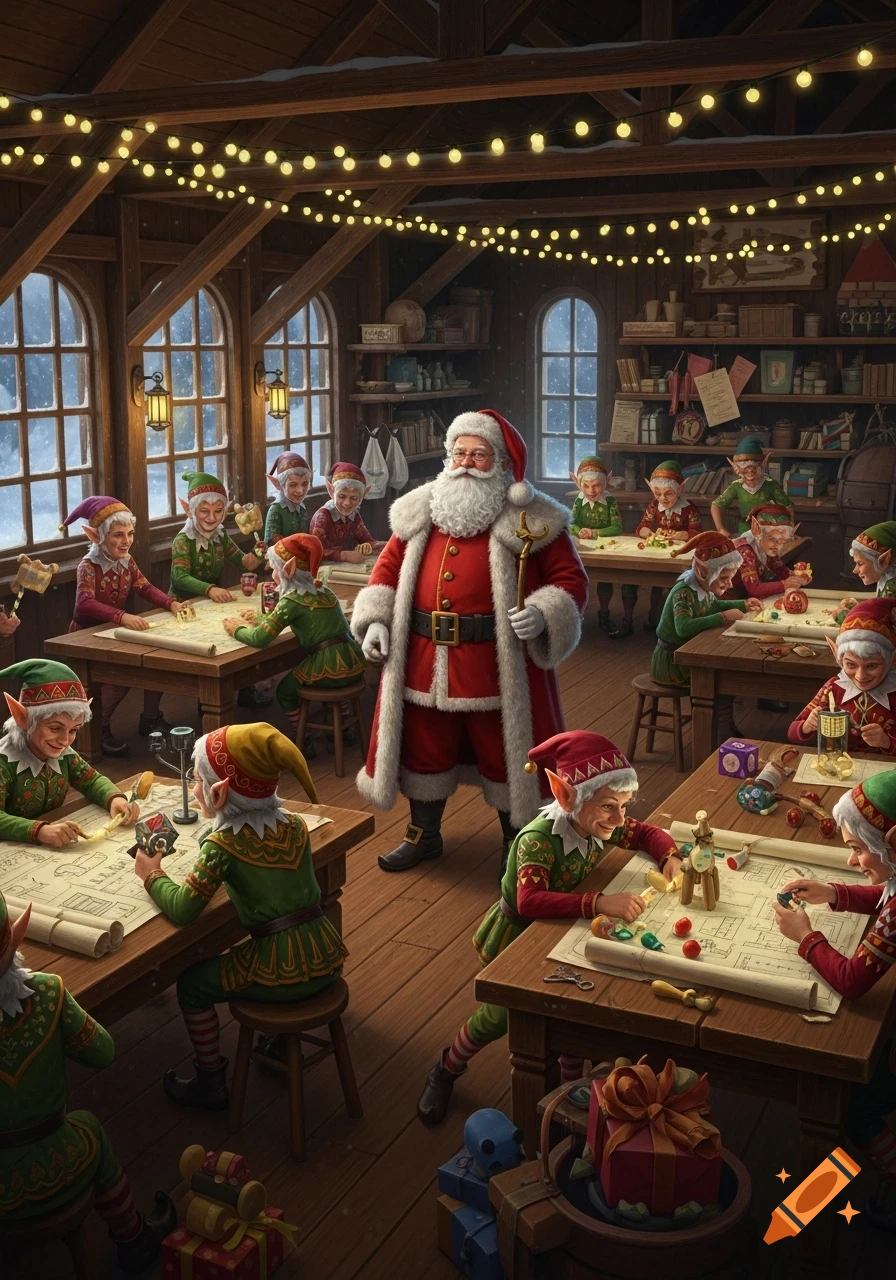Santa Claus in his workshop, surrounded by elves making toys, under strings of twinkling lights.