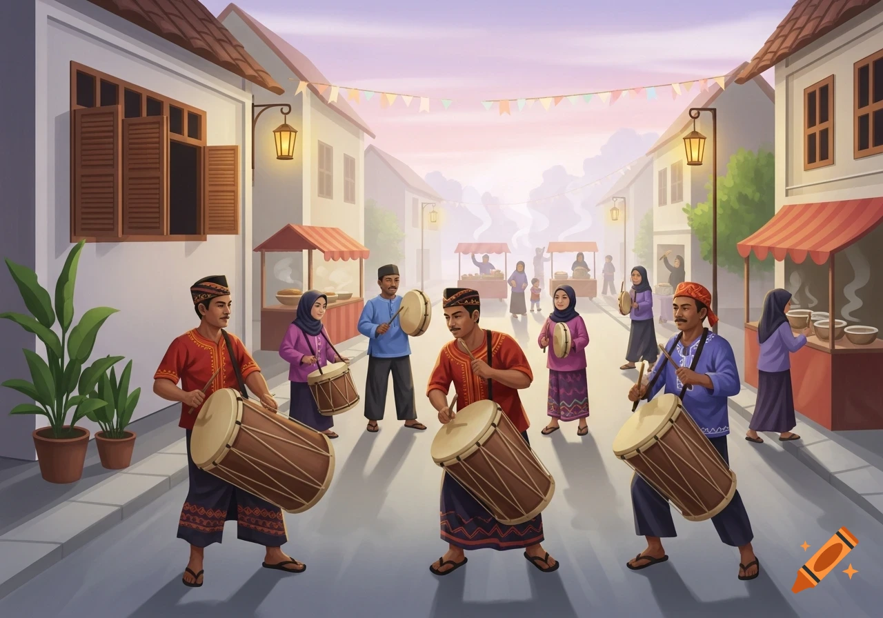 Illustrated street scene with people playing traditional drums, market stalls, and buildings under a pastel sky.