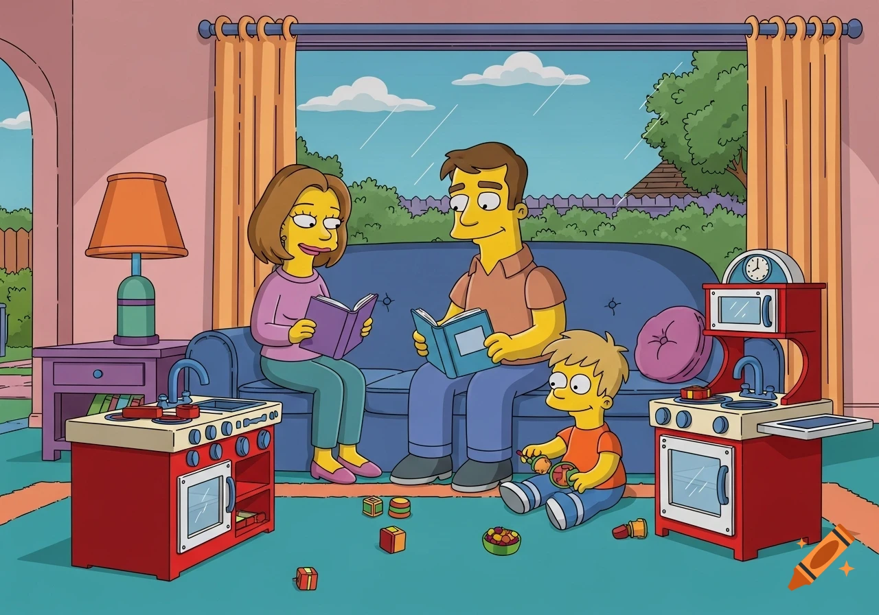A family in The Simpsons style in a living room. A mother and father read on a blue couch while their son plays with a toy kitchen.