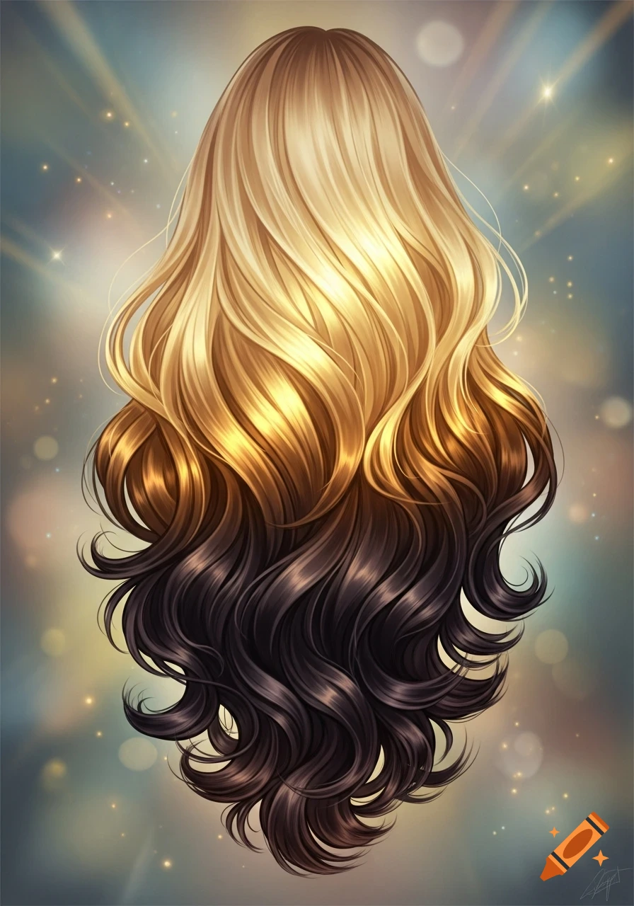 Stylized illustration of long, wavy hair with golden blonde roots and dark brown tips, gleaming with light against a bokeh background.