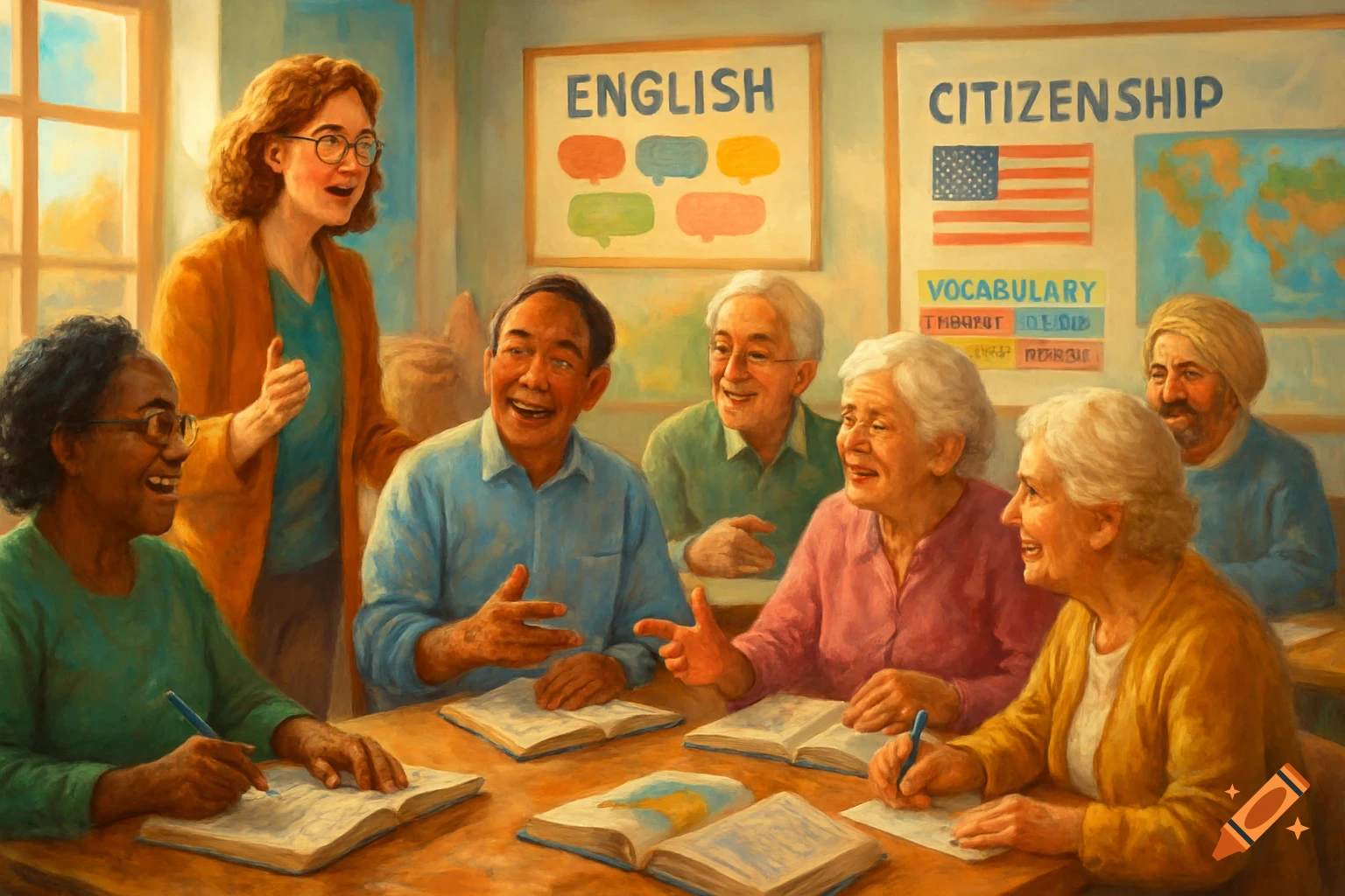 A diverse group of senior citizens and a female teacher laughing and learning in a bright English and Citizenship classroom, painted style.