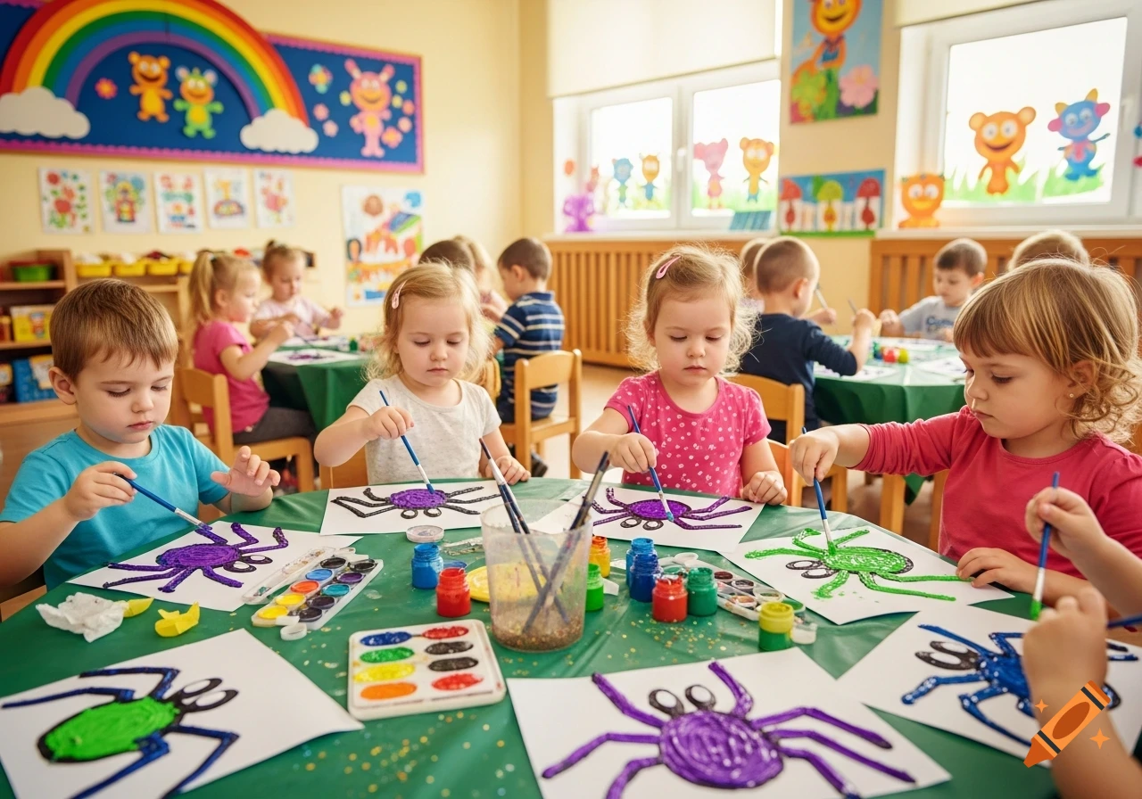 Children in a bright classroom sitting at tables, painting colorful spider-like aliens on paper with brushes and watercolors.