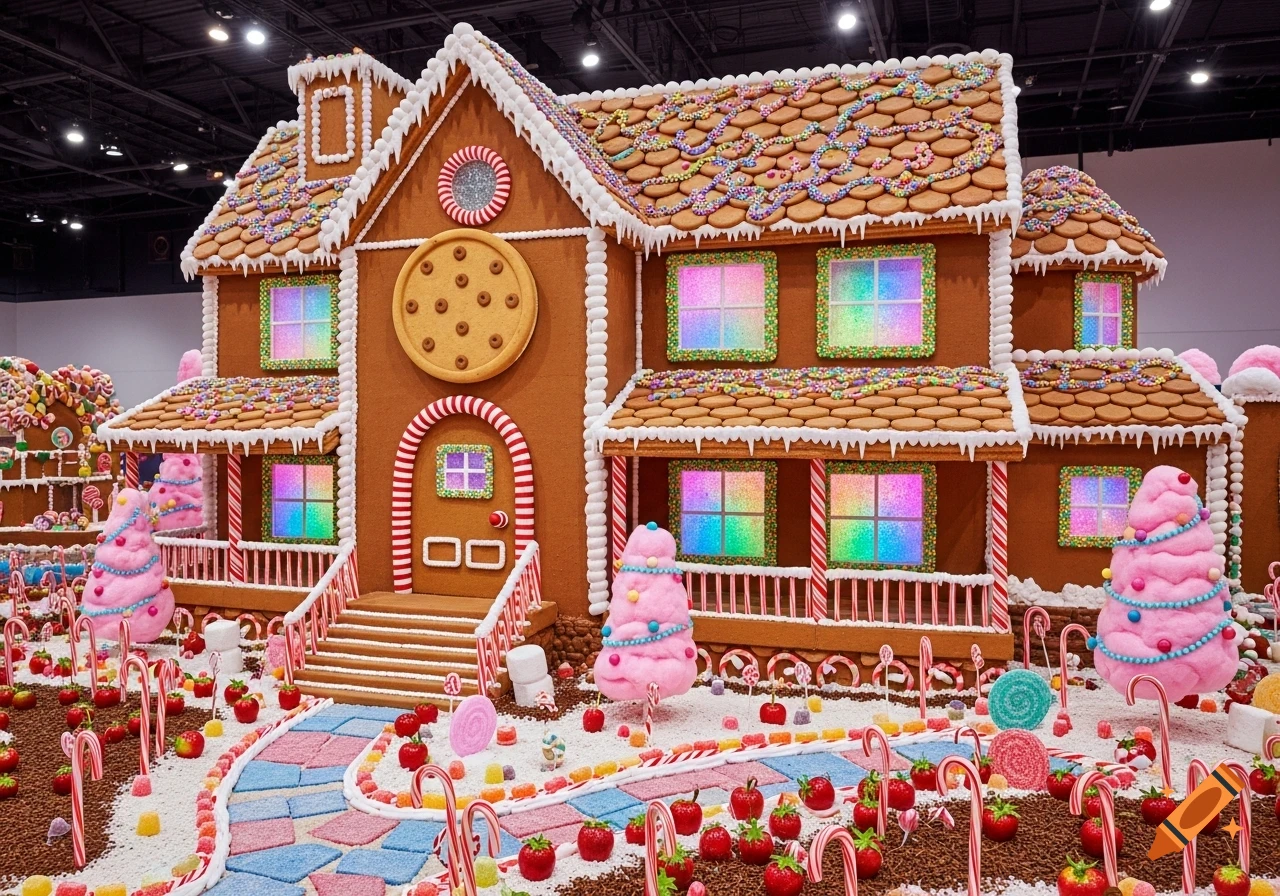 A whimsical gingerbread house and candy land with colorful details, including a pathway of blue and pink squares, pink cotton candy trees, and candy apple bushes.