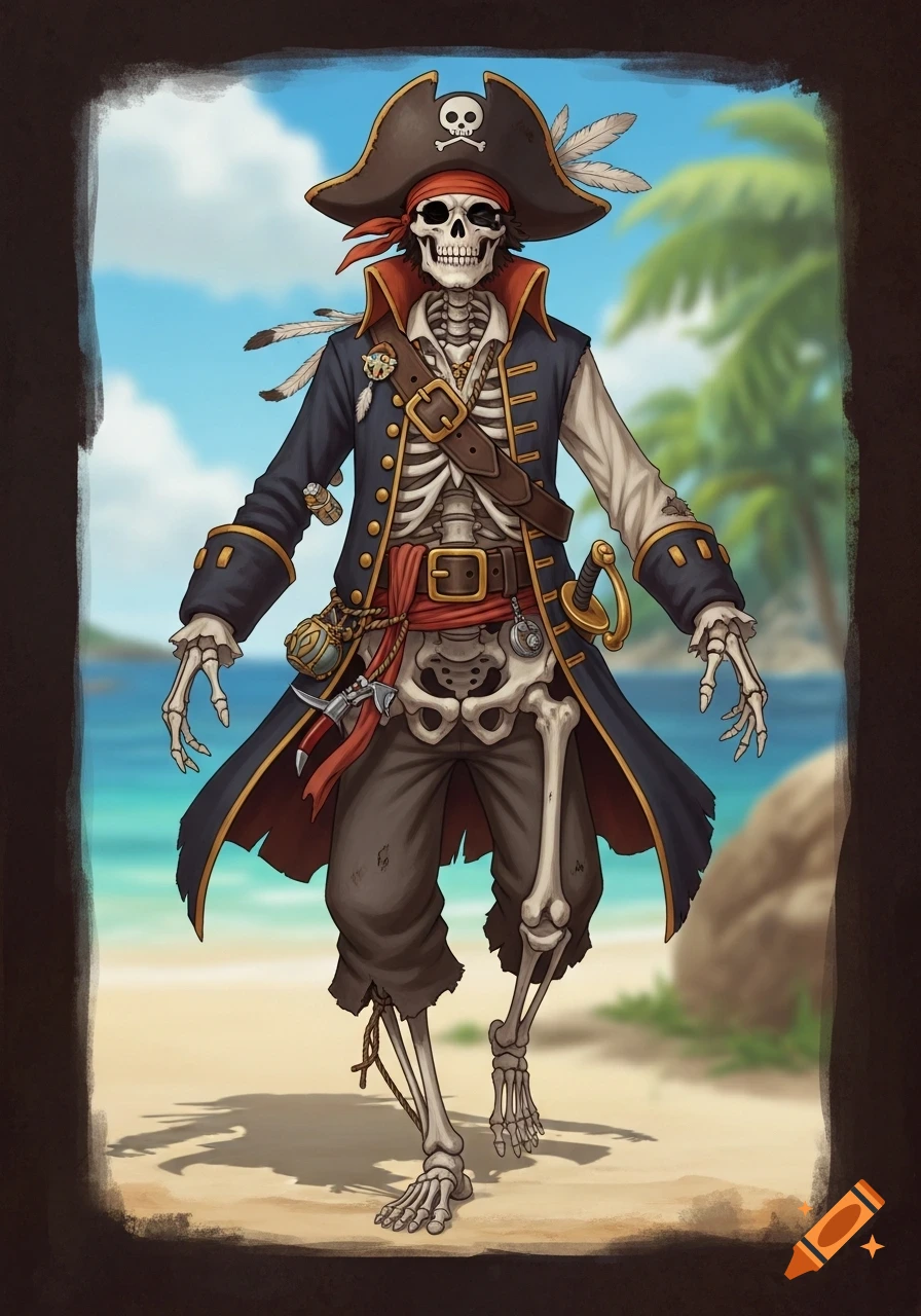 A cartoon skeleton pirate in ragged clothing and a tricorne hat walks comically on a tropical beach with palm trees.
