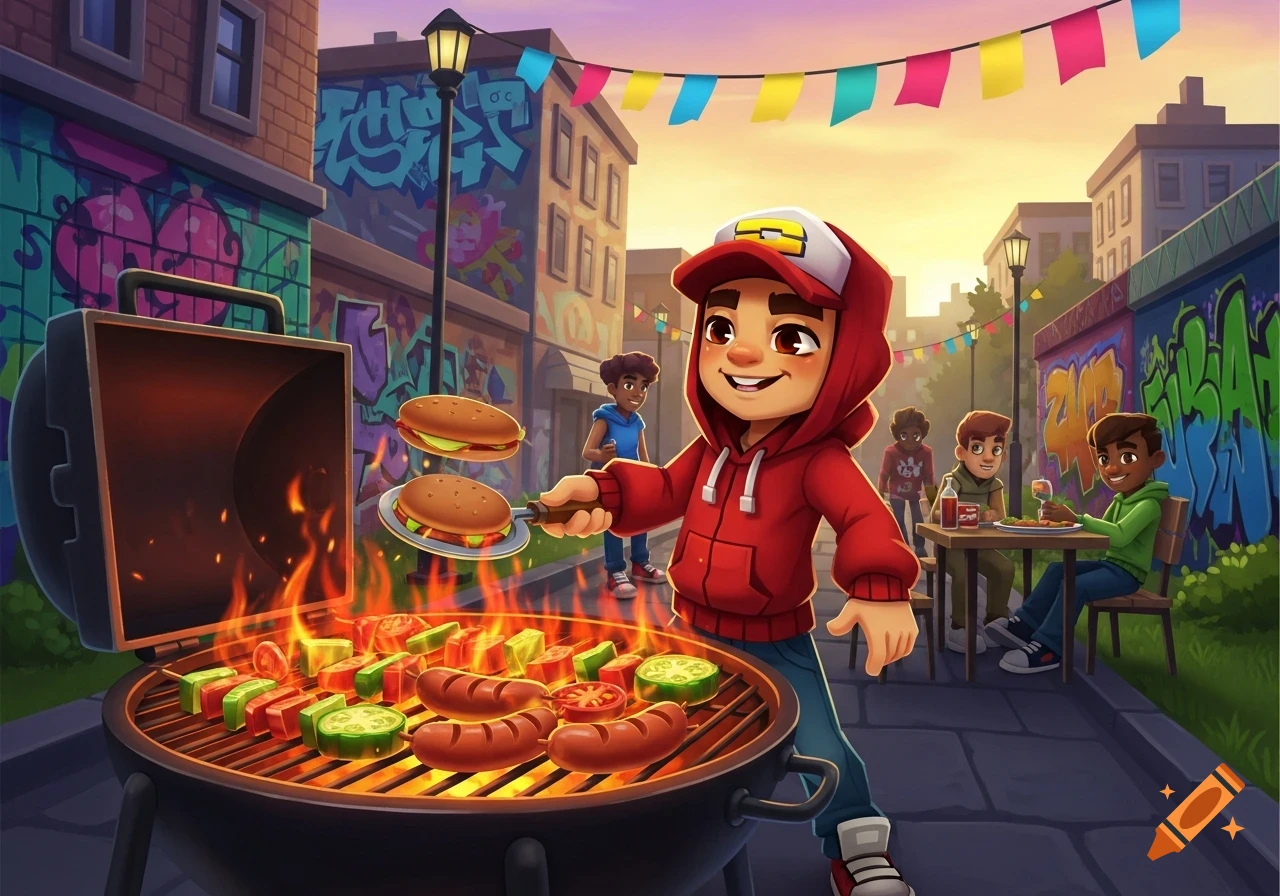A cartoon boy resembling Jake from Subway Surfers smiles while grilling burgers and skewers at a lively street barbecue with friends in a graffiti-filled city.