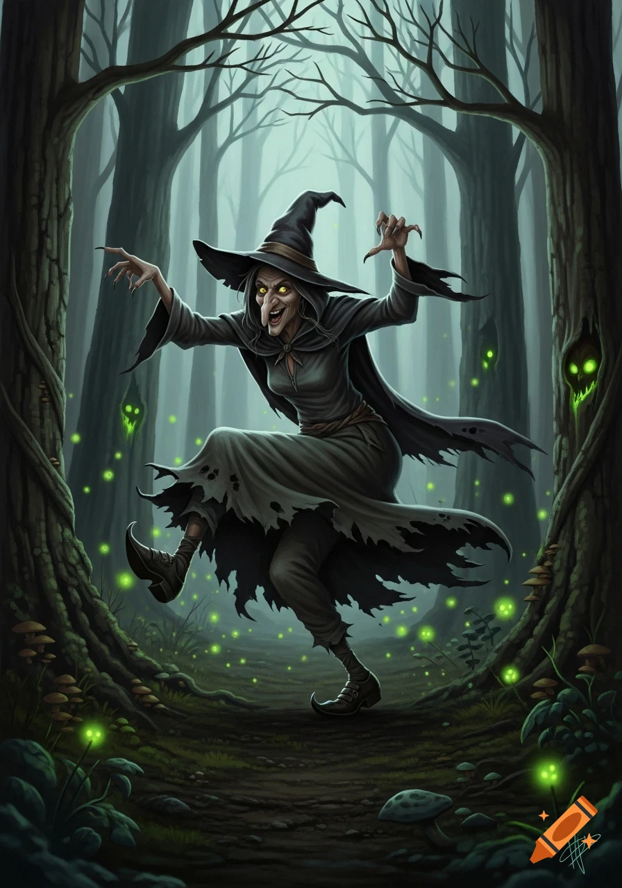 An old, evil-looking witch with a pointed hat and tattered black dress dances in a dark, misty forest with glowing green spirits and mushrooms.