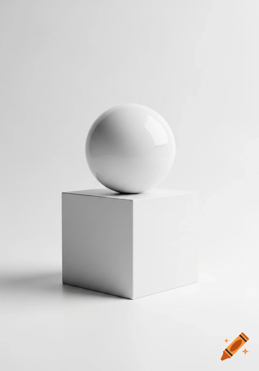 A white sphere rests perfectly centered on a white cube, all set against a clean white background with soft shadows.