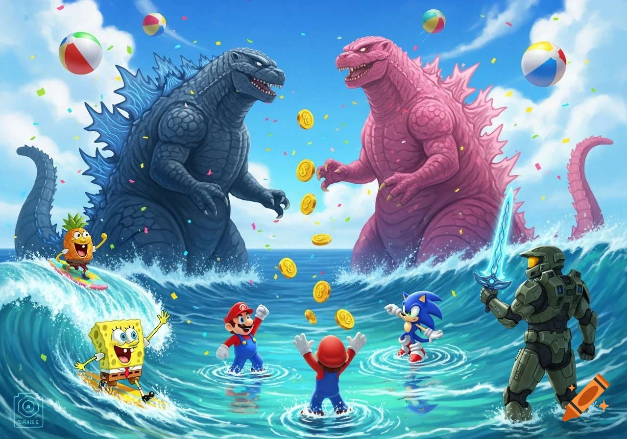 A vibrant cartoon scene with blue and pink Godzillas, Spongebob, Mario, Sonic, and Master Chief celebrating in the ocean with coins and beach balls.