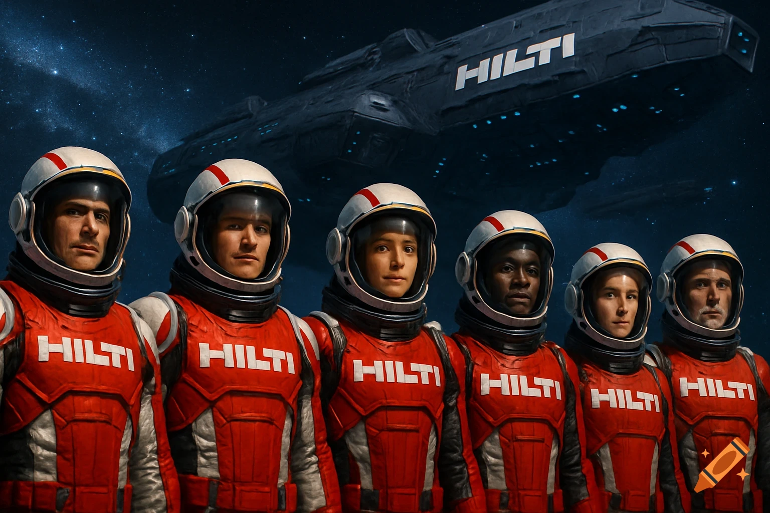 Six diverse astronauts in red and white Hilti suits stand before a large Hilti spaceship against a starry space background, photorealistic style.