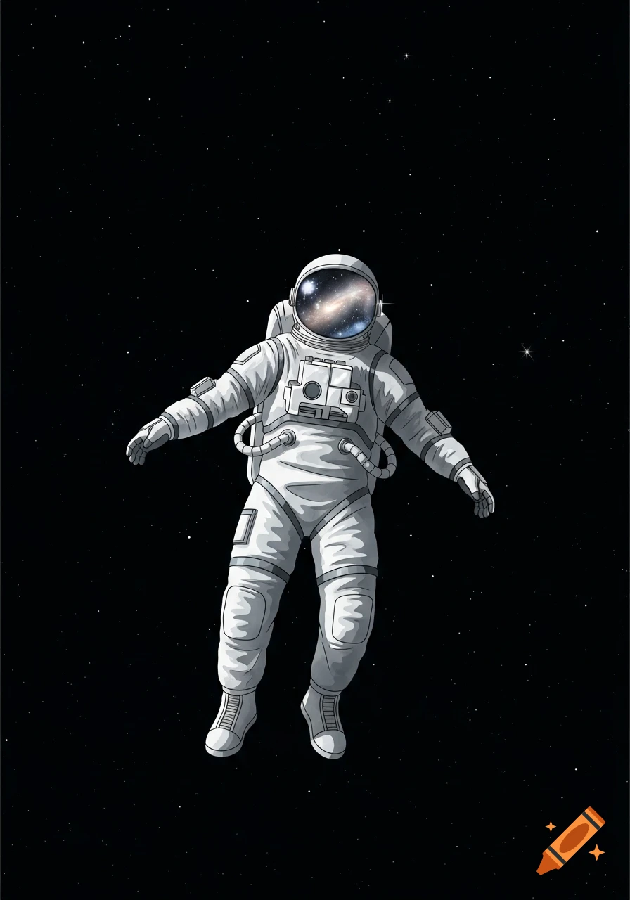 An illustration of a relaxed astronaut floating in the dark expanse of space, reflecting a galaxy in their helmet visor.