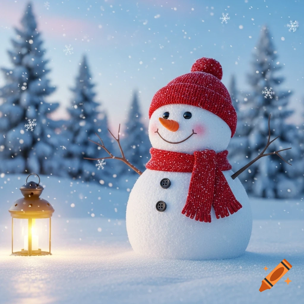 A cheerful snowman in a red hat and scarf stands in a snowy winter forest, with a lit lantern nearby and snowflakes falling.