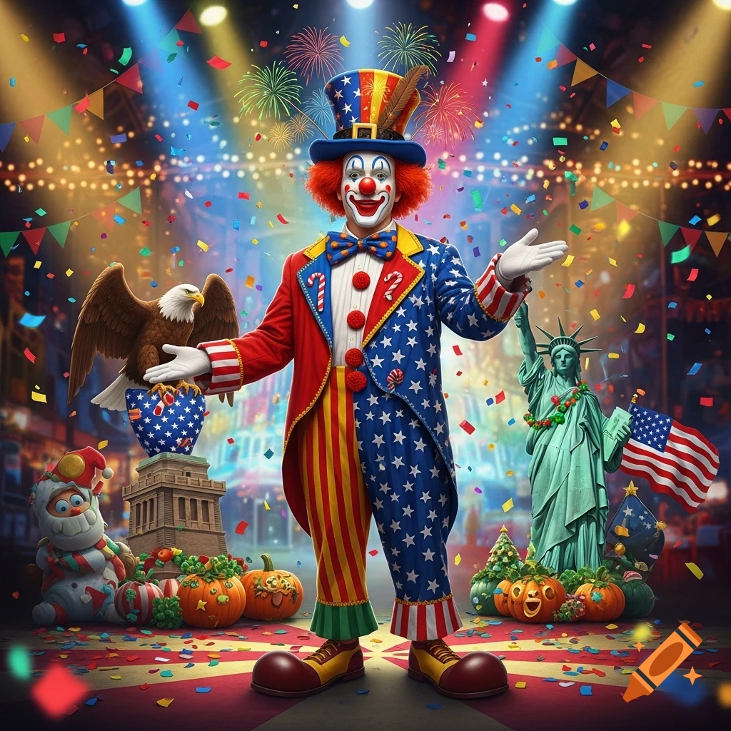 A patriotic clown in a red, white, and blue suit, surrounded by confetti, fireworks, an eagle, the Statue of Liberty, pumpkins, and a snowman.