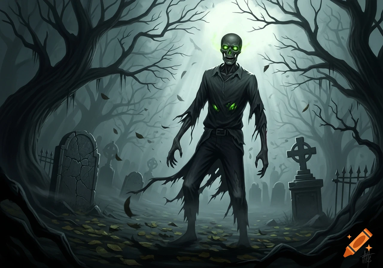 A green-eyed skull-faced zombie in tattered clothes stands in a foggy, spooky graveyard with bare trees and tombstones.