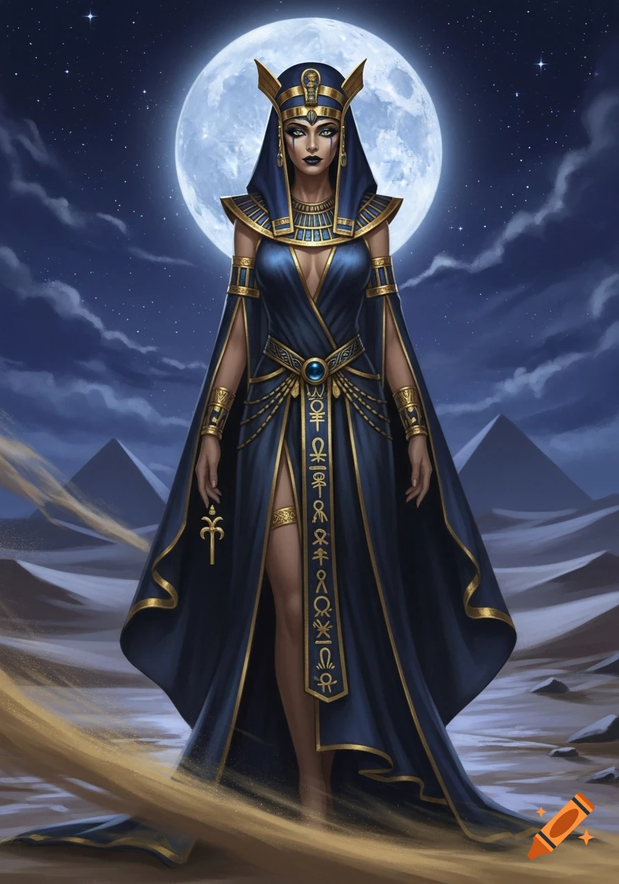 An Egyptian queen in a blue and gold outfit holding an ankh, standing in a desert under a full moon with pyramids. Fantasy style.