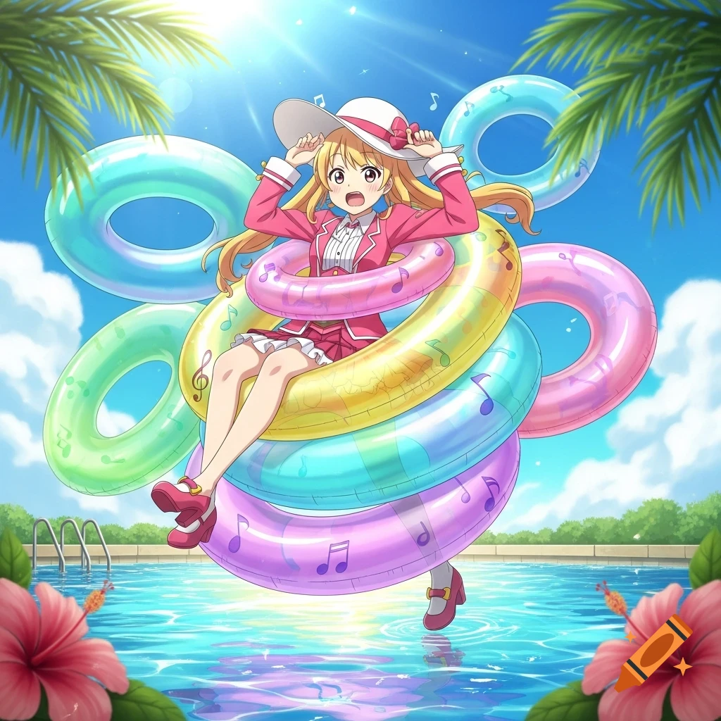 Anime girl in a pink suit and hat floats in colorful inflatable rings ...