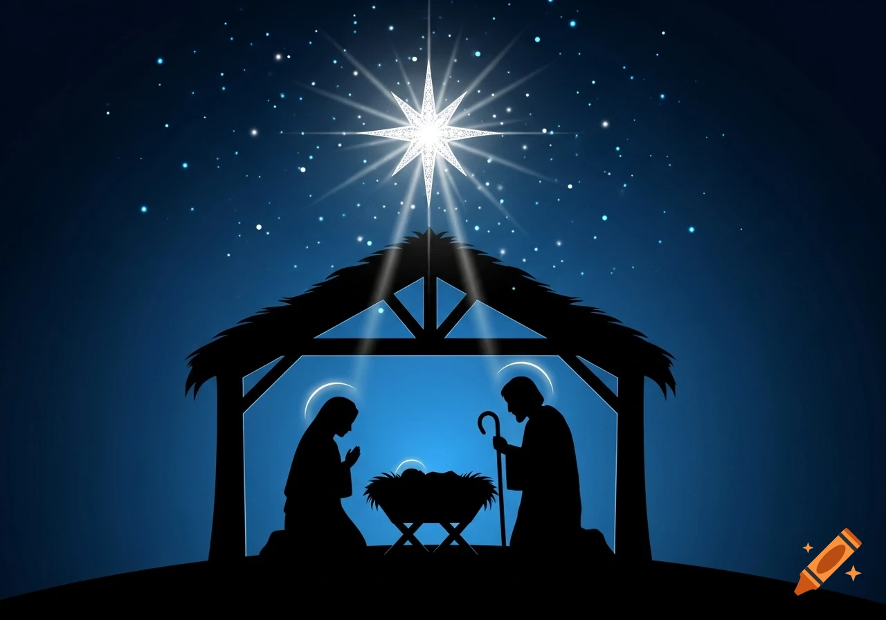Silhouette of the nativity scene with Mary, Joseph, and baby Jesus in a manger under a starry blue night with a bright star.