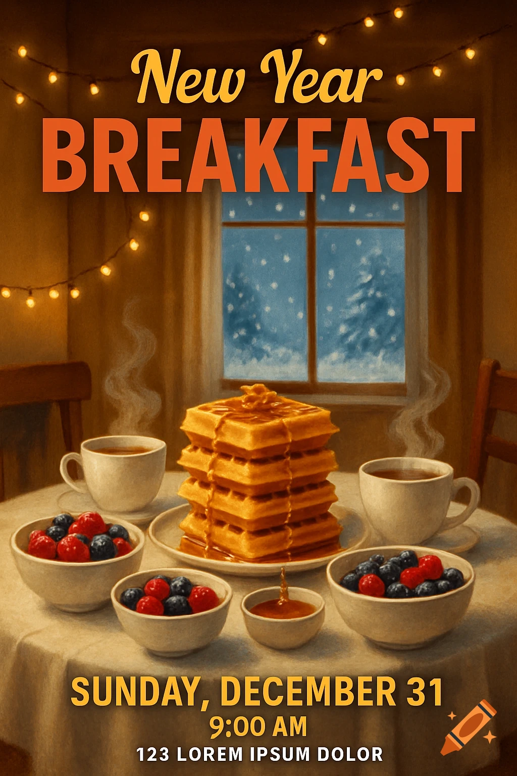 A cozy flyer for a New Year Breakfast featuring waffles with syrup, berries, and coffee on a table by a snowy window, lit by string lights.