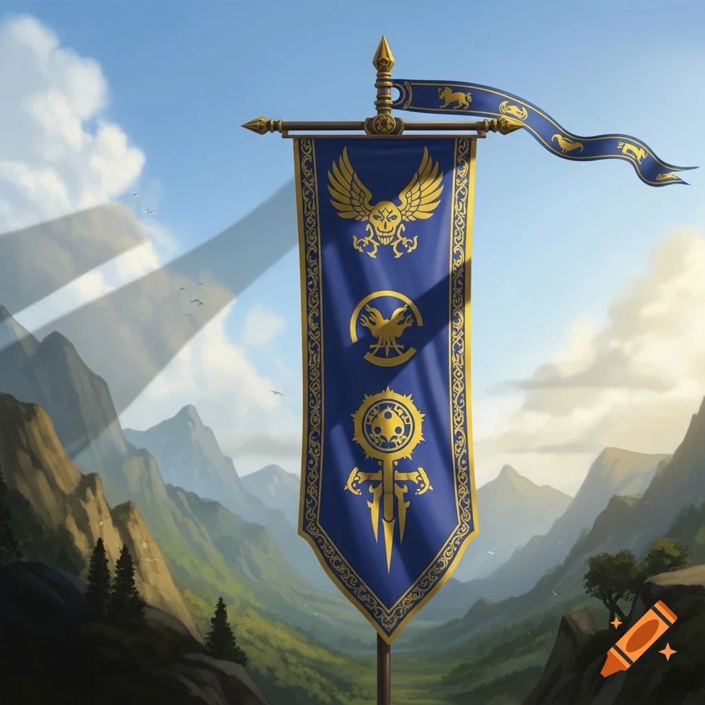 A majestic blue and gold banner with intricate fantasy symbols stands tall against a backdrop of lush green mountains under a bright blue sky with sun rays.