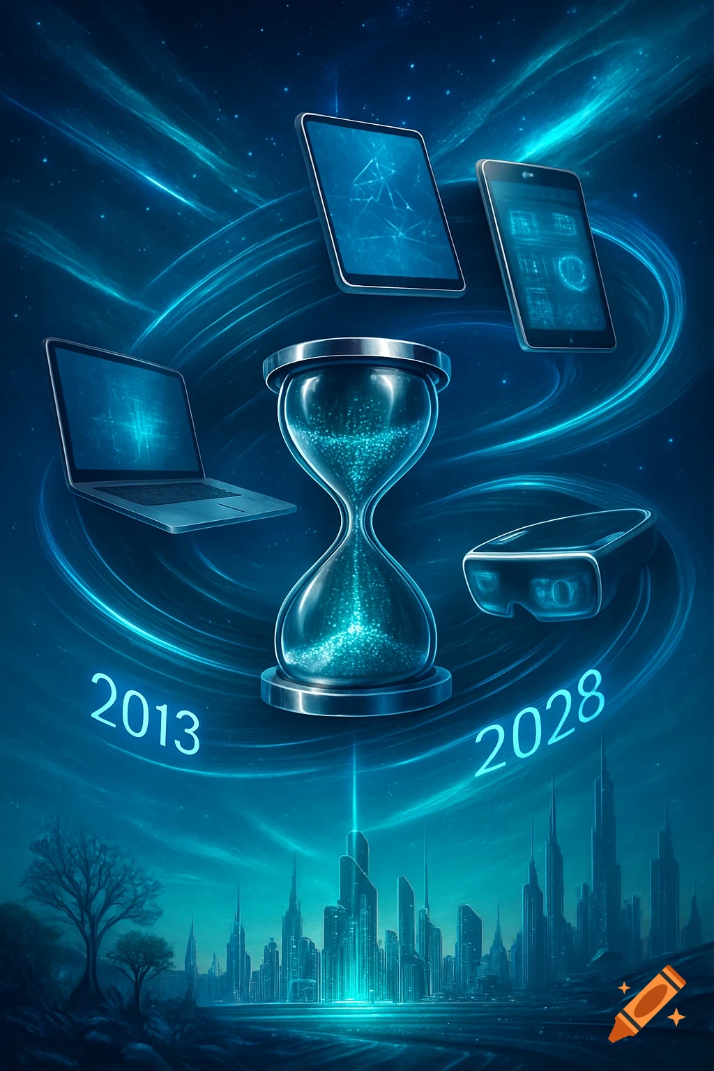 A glowing blue hourglass surrounded by a laptop, tablet, smartphone, and VR headset, hovering above a futuristic city with "2013" and "2028".