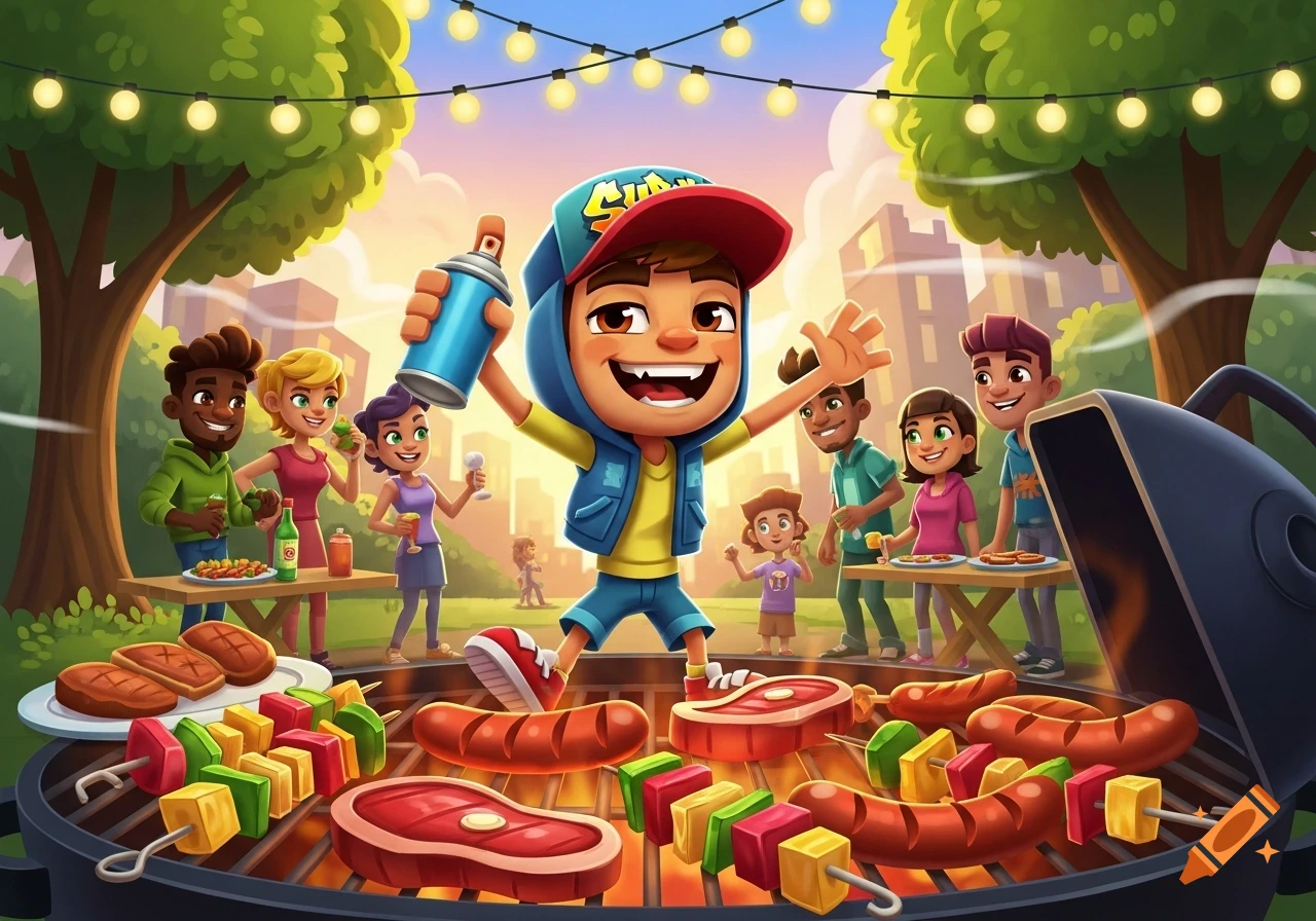 Cartoon Jake from Subway Surfers at a lively outdoor barbecue with friends, grilling sausages, steaks, and kebabs in a park setting.