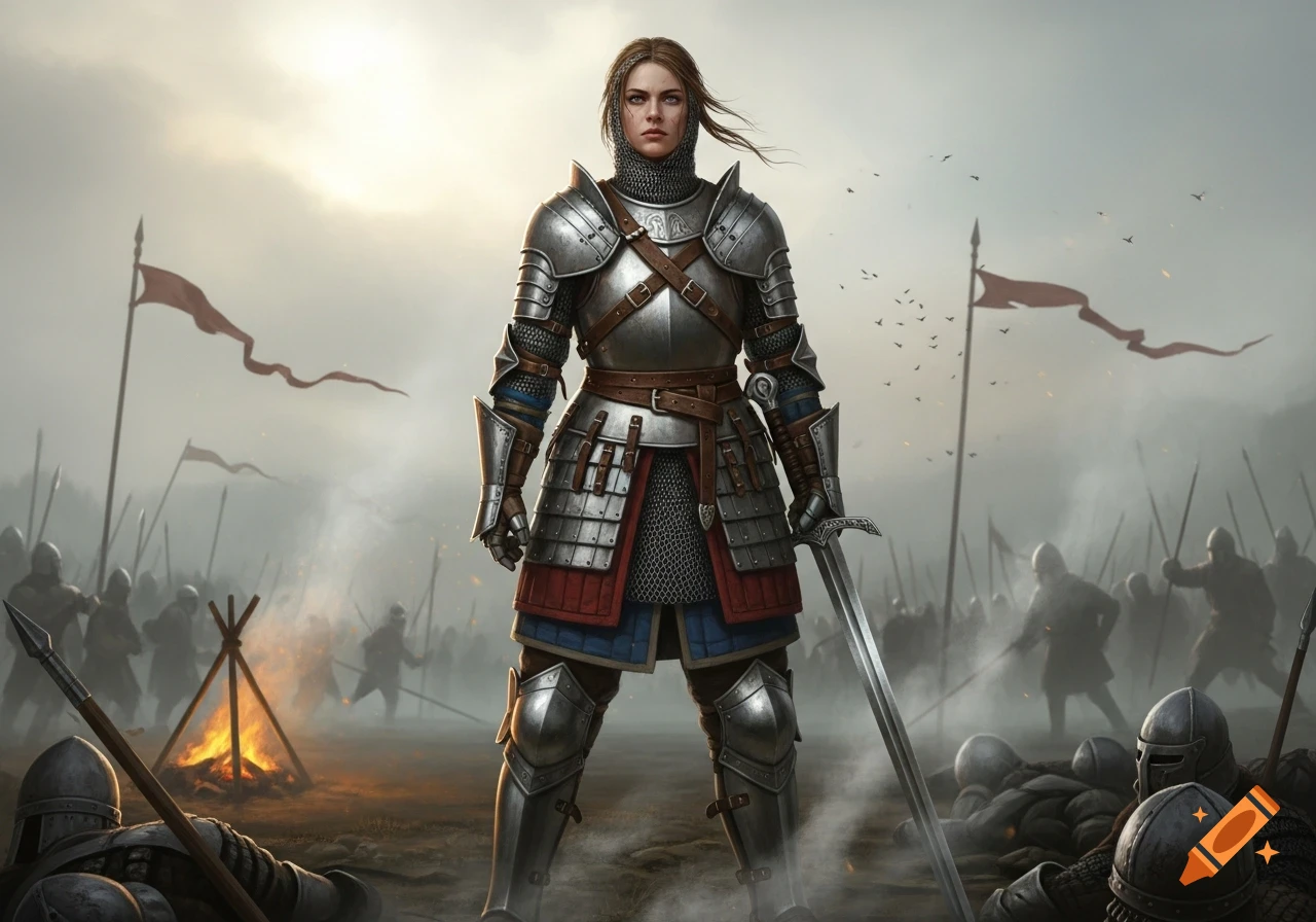 A female knight in full medieval plate armor stands on a misty battlefield with a sword, surrounded by armored soldiers.