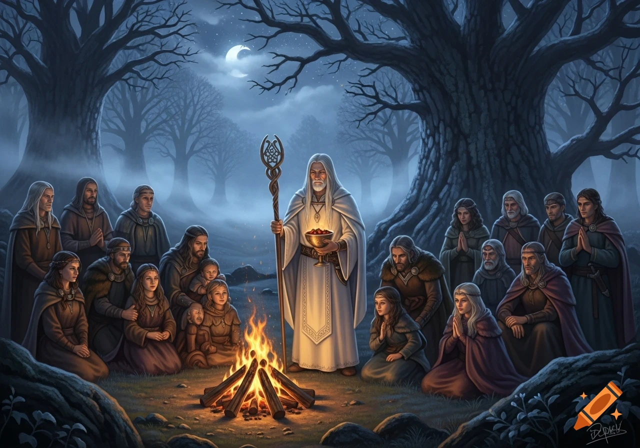 A white-robed druid leads a night ritual with a staff and glowing bowl, surrounded by a community around a campfire in a misty, dark forest under a crescent moon, digital fantasy art.