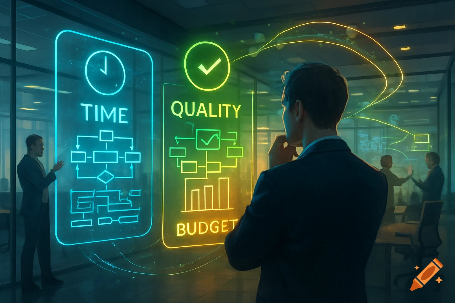 A businessman looks at glowing holographic charts for Time, Quality, and Budget in a modern office.