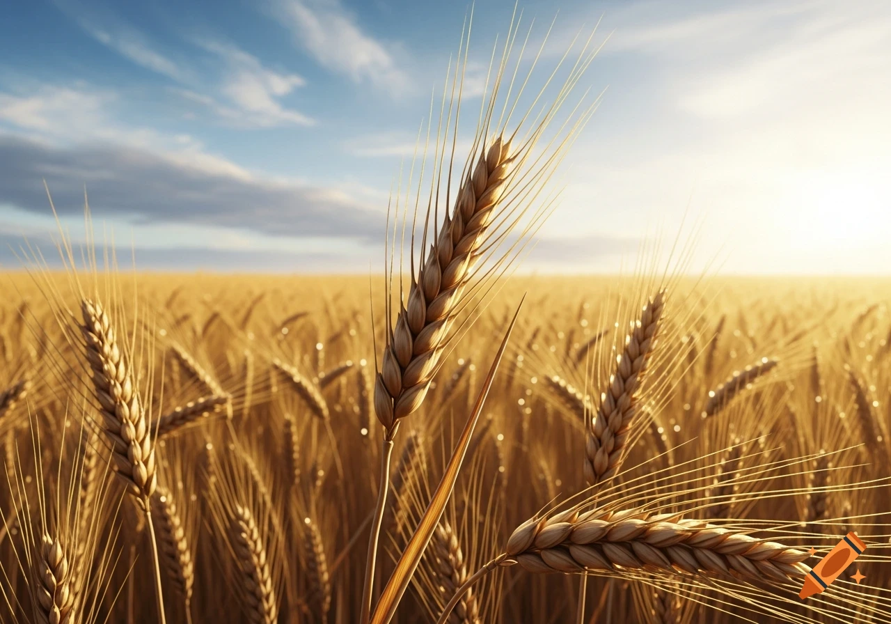 Close-up of golden wheat stalks in a sunlit field under a blue sky, with dew drops on the grains.