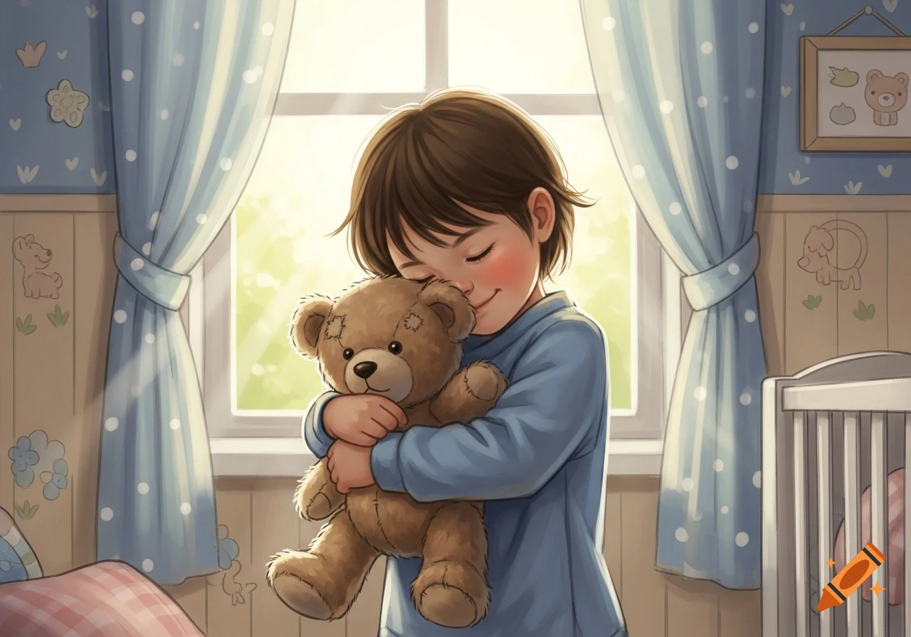 An illustration of a young child with closed eyes, smiling and hugging a brown teddy bear in a sunny nursery.