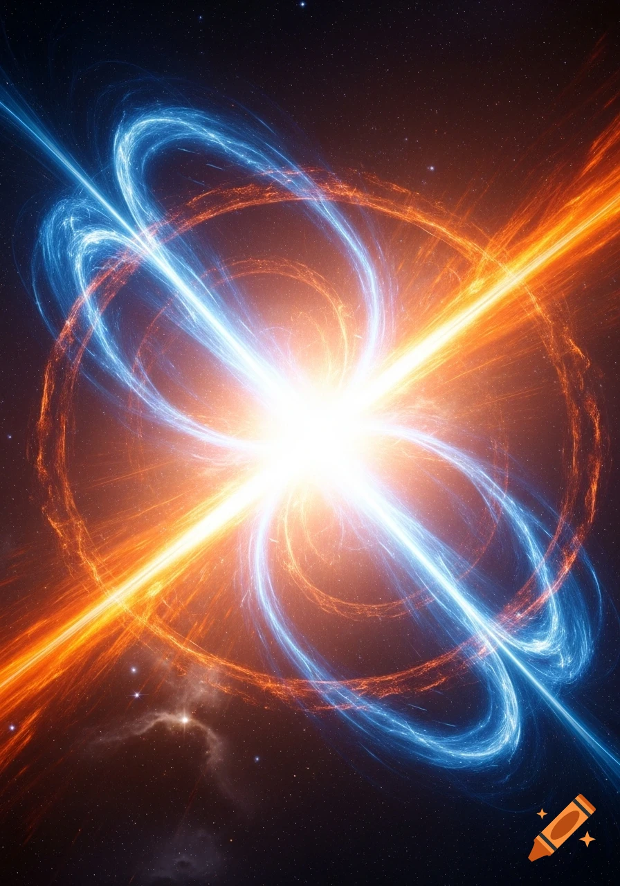 Bright blue and orange light beams cross, surrounded by swirling energy in deep space with stars.