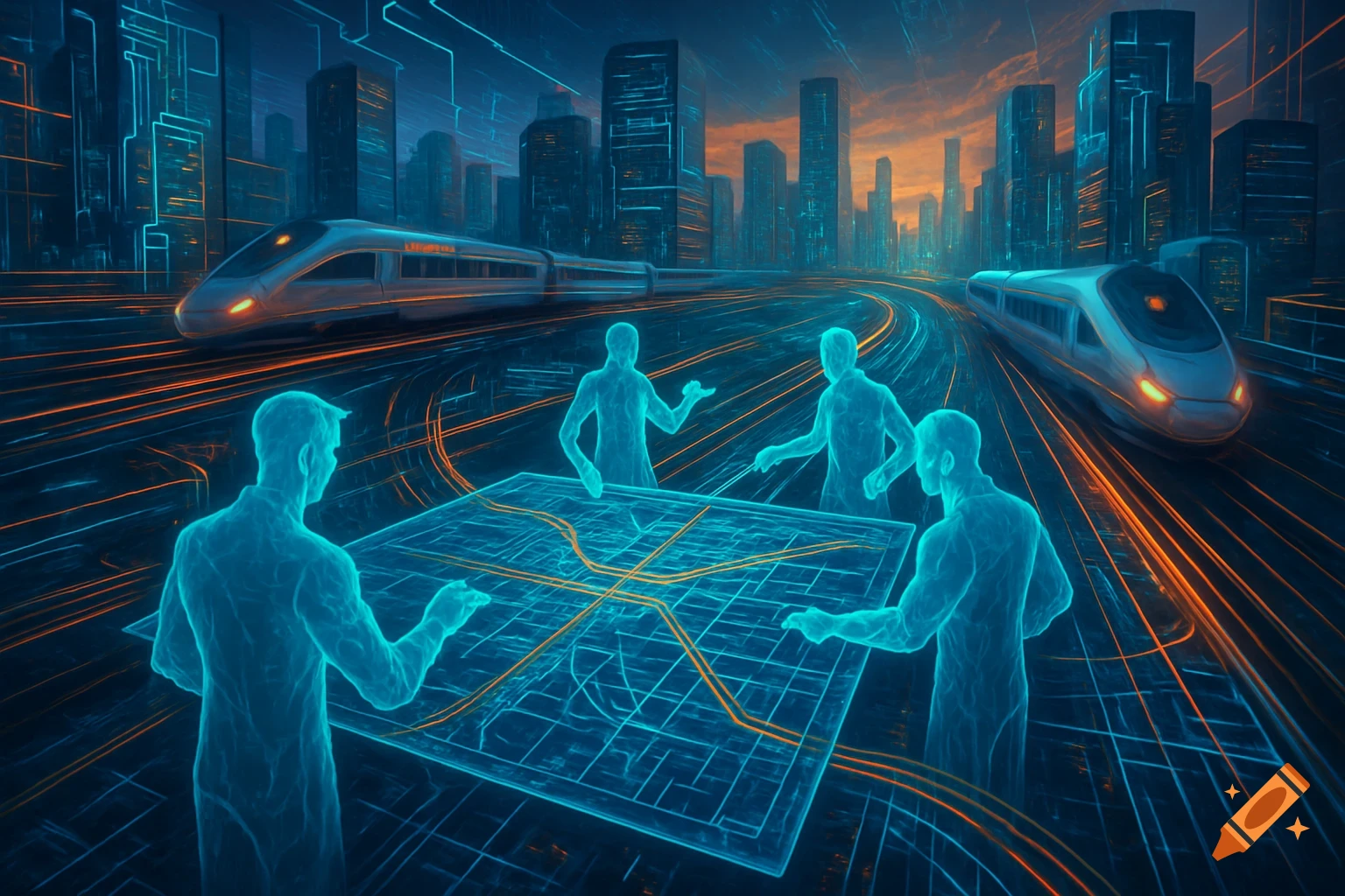 Abstracted Train Map Four glowing blue abstract figures interact with a digital map of ...