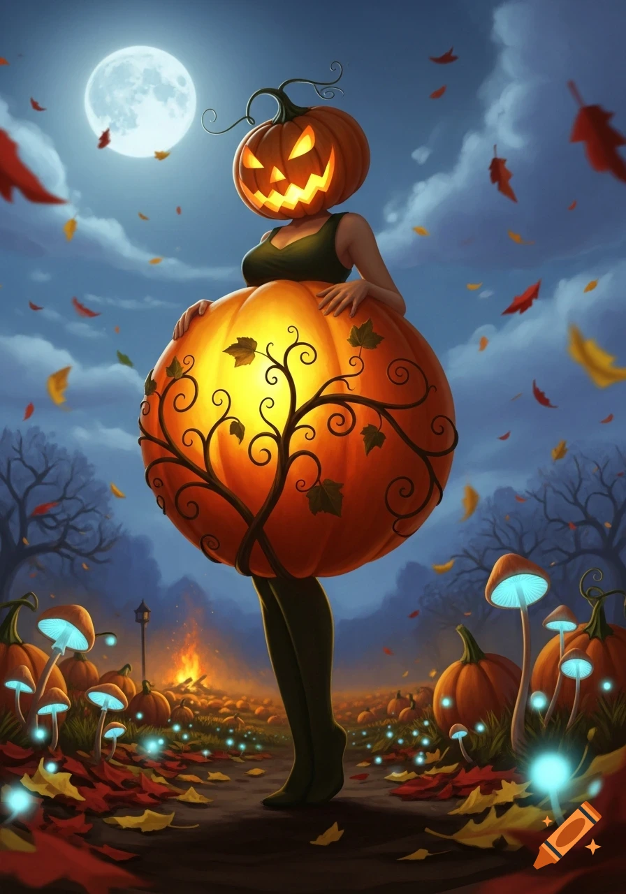 A whimsical figure with a glowing jack-o'-lantern head and a huge pumpkin body stands in a mystical Halloween scene with glowing mushrooms and falling leaves.