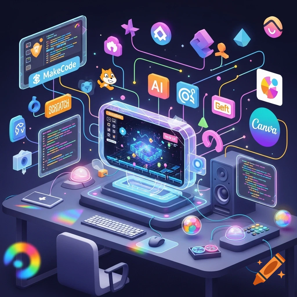 A vibrant, isometric illustration of a programmer's desk with a central computer monitor displaying code, surrounded by floating application icons like MakeCode, Scratch, AI, Canva, and connected by colorful lines against a dark background, in a clean digital style.