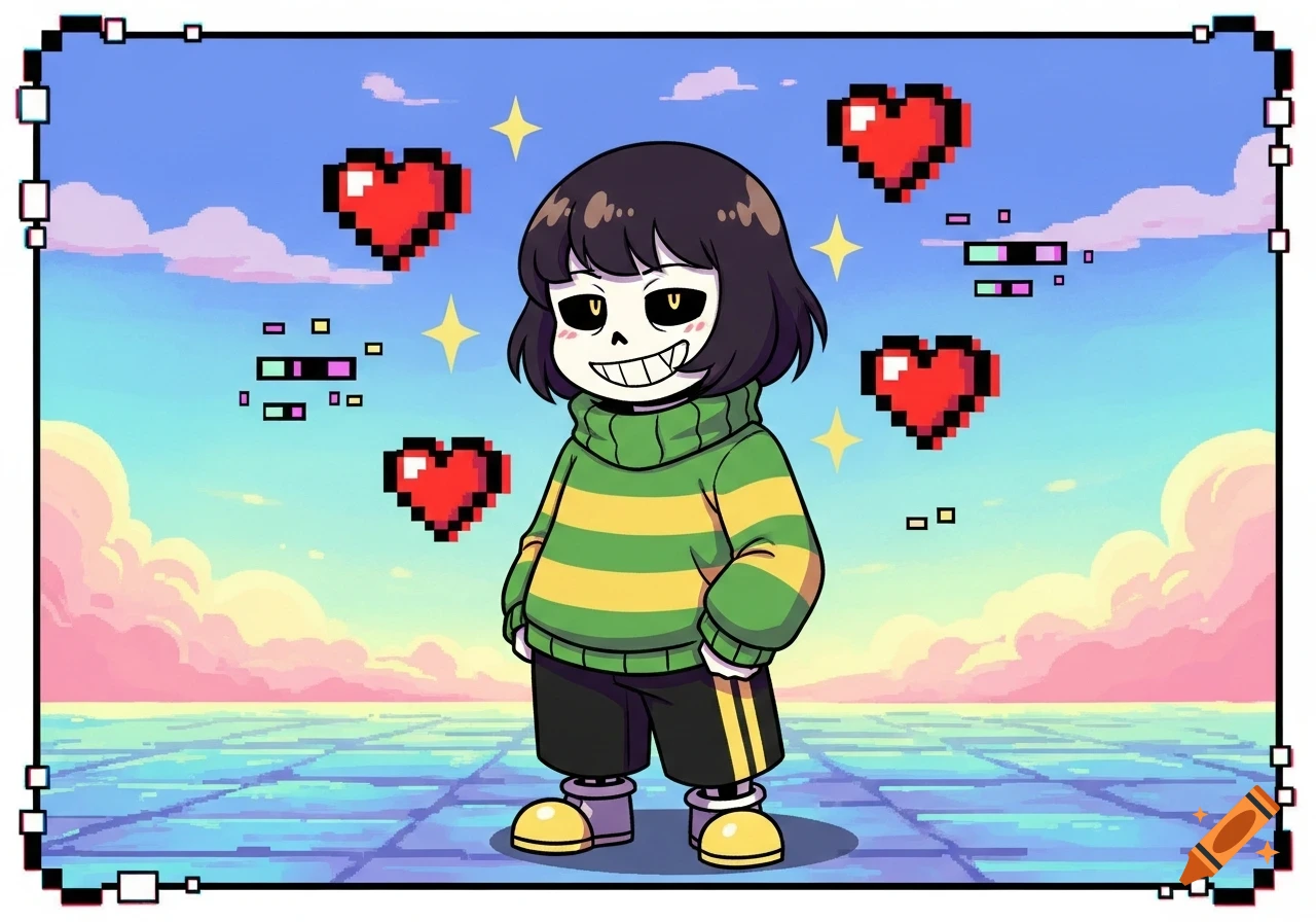 A cartoon character with short dark hair and a skeletal face wearing a green and yellow striped sweater stands in a pixelated landscape with floating hearts.