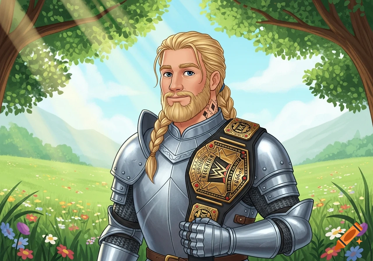 Cartoon knight with blonde braids and beard, in shining armor, holding a WWE championship belt in a flowery field.
