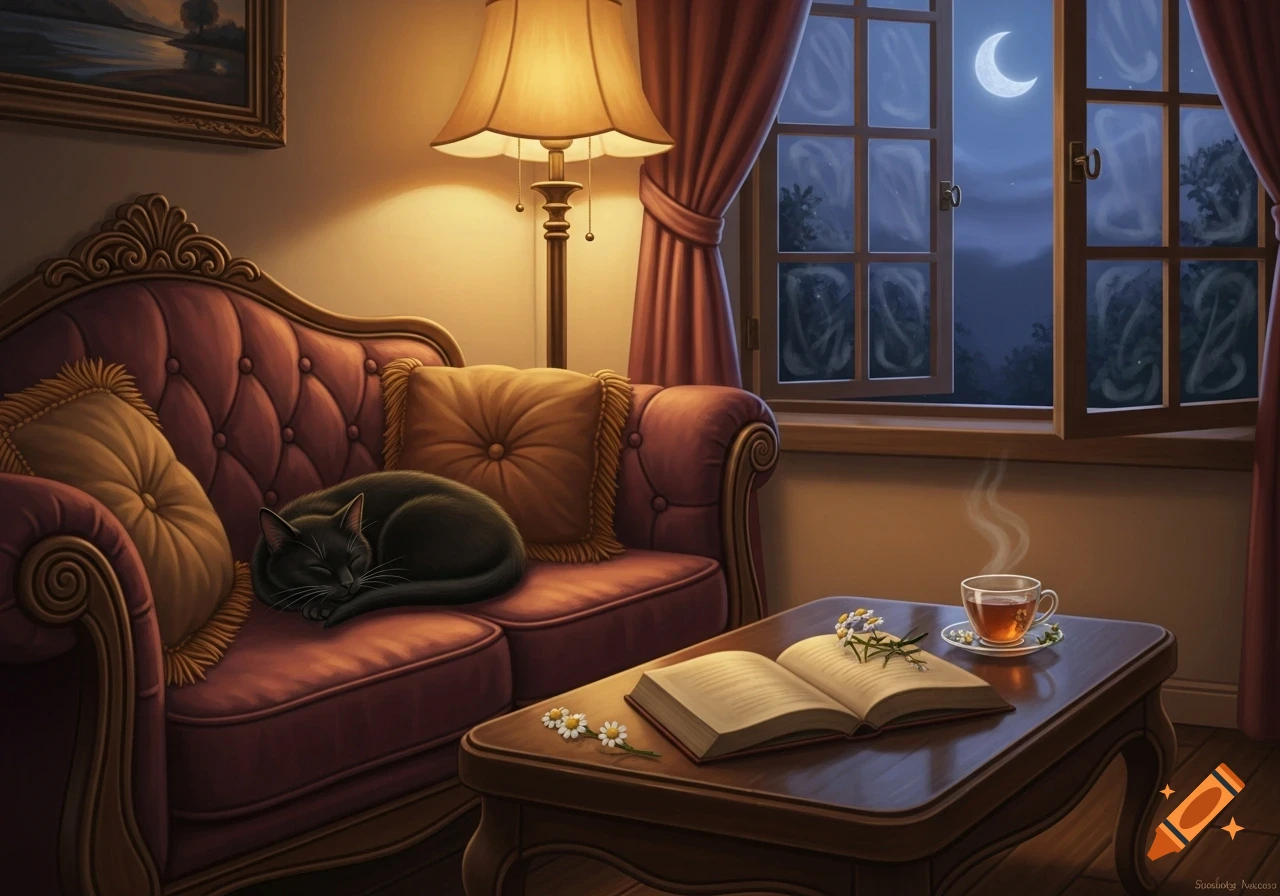 A black cat sleeps curled on a red tufted sofa in a dimly lit room with a book, tea, and open window showing a moonlit night.