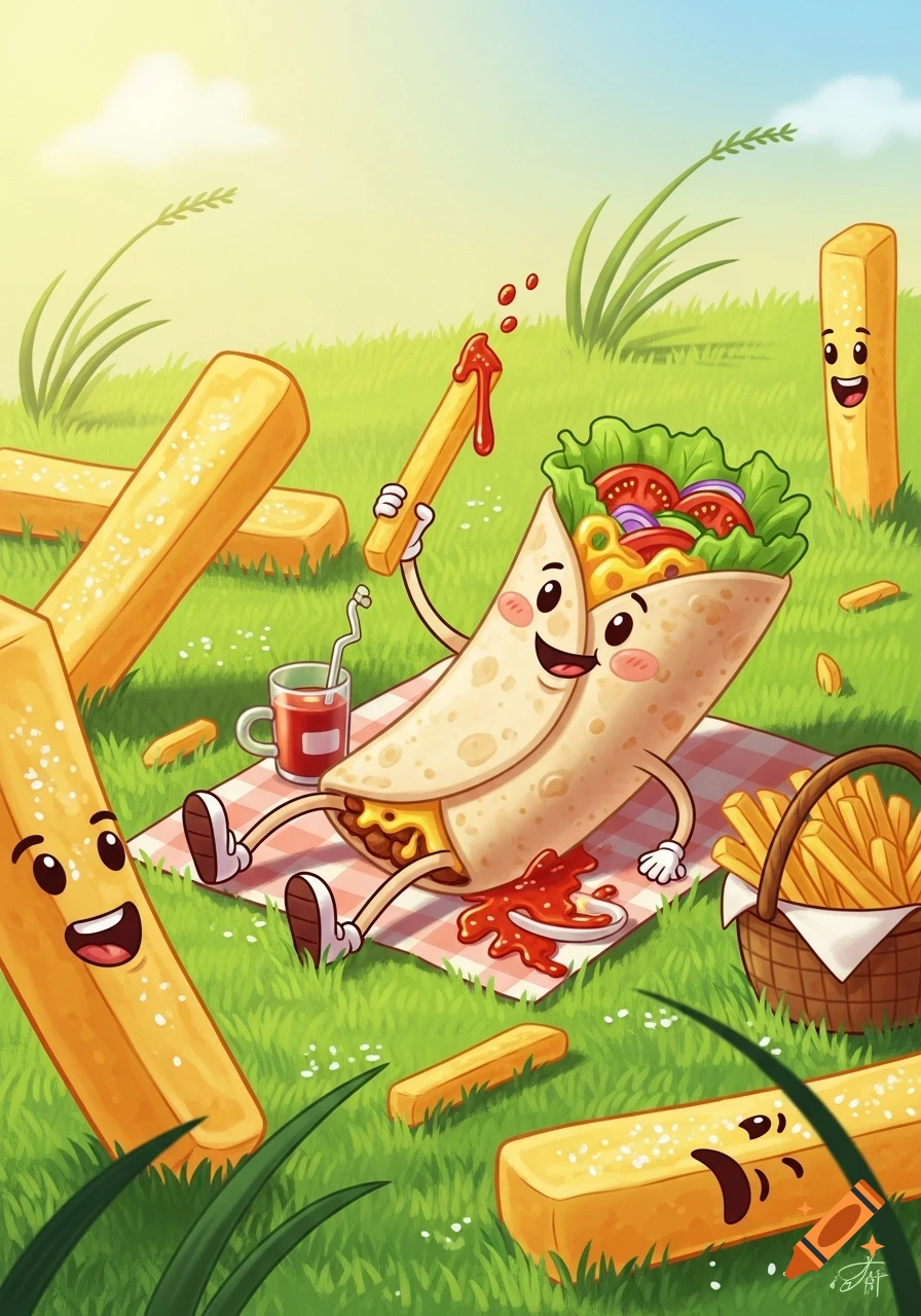 A cute cartoon burrito and fries have a picnic in a sunny green field, with the burrito holding a ketchup-covered fry.