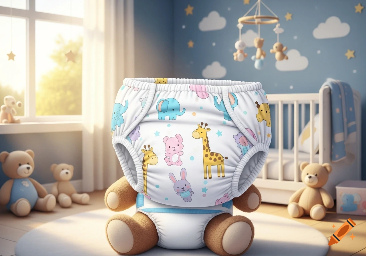 A teddy bear wearing a white diaper with colorful animal patterns sits on a rug in a sunny nursery.