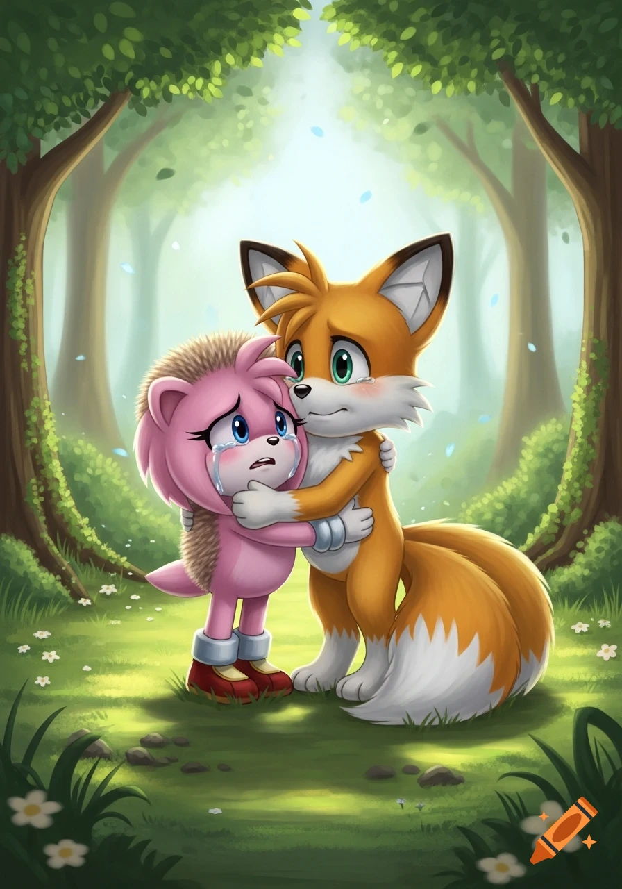 Amy Rose and Tails hug each other and cry in a lush, green forest with dappled sunlight.