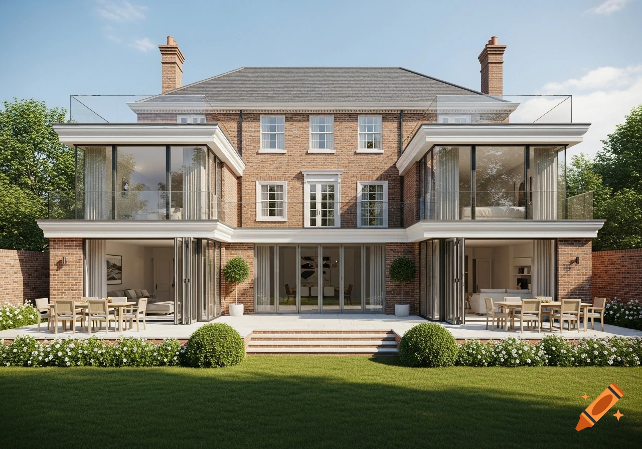 A grand Georgian-style brick house with modern glass features and large bi-fold doors opening to a lush green lawn and patio.
