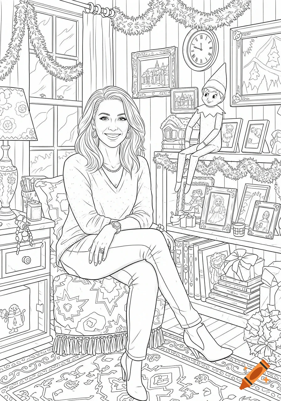 Line art coloring page of a smiling woman sitting in a festive room with an Elf on the Shelf, decorated for Christmas.
