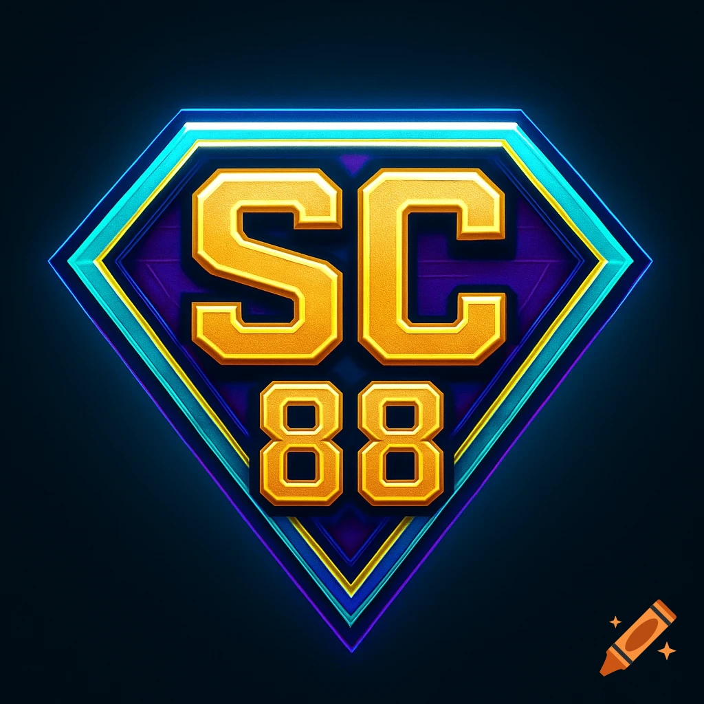 A futuristic, superhero-style logo featuring a diamond-shaped shield with "SC" above "88" in gold, outlined with cyan and violet neon glow on a dark background.