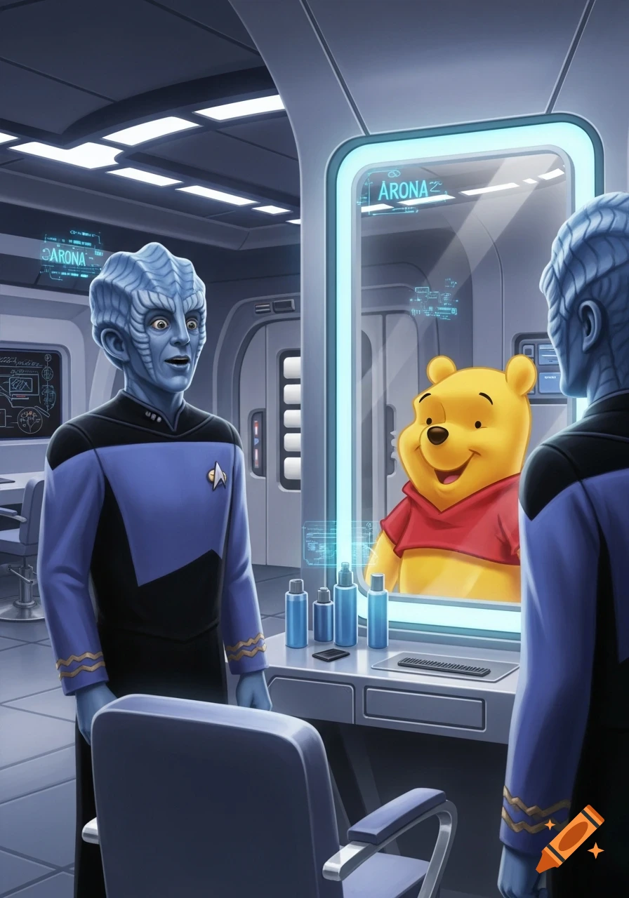 Blue alien Mot from Star Trek looks surprised seeing Winnie the Pooh reflected in a mirror inside a spaceship.