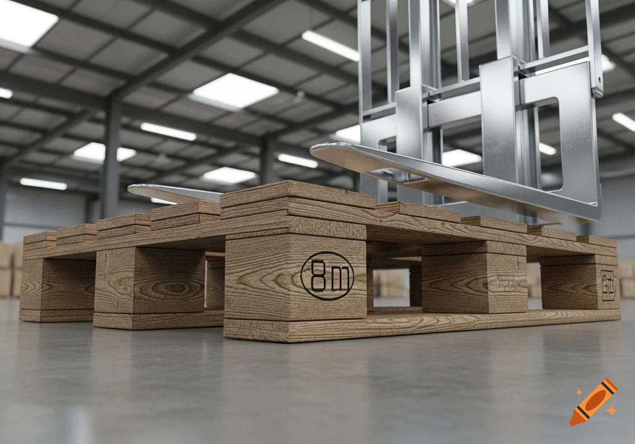 A low-angle, close-up shot of a wooden pallet with a metallic forklift entering it, inside a bright warehouse.