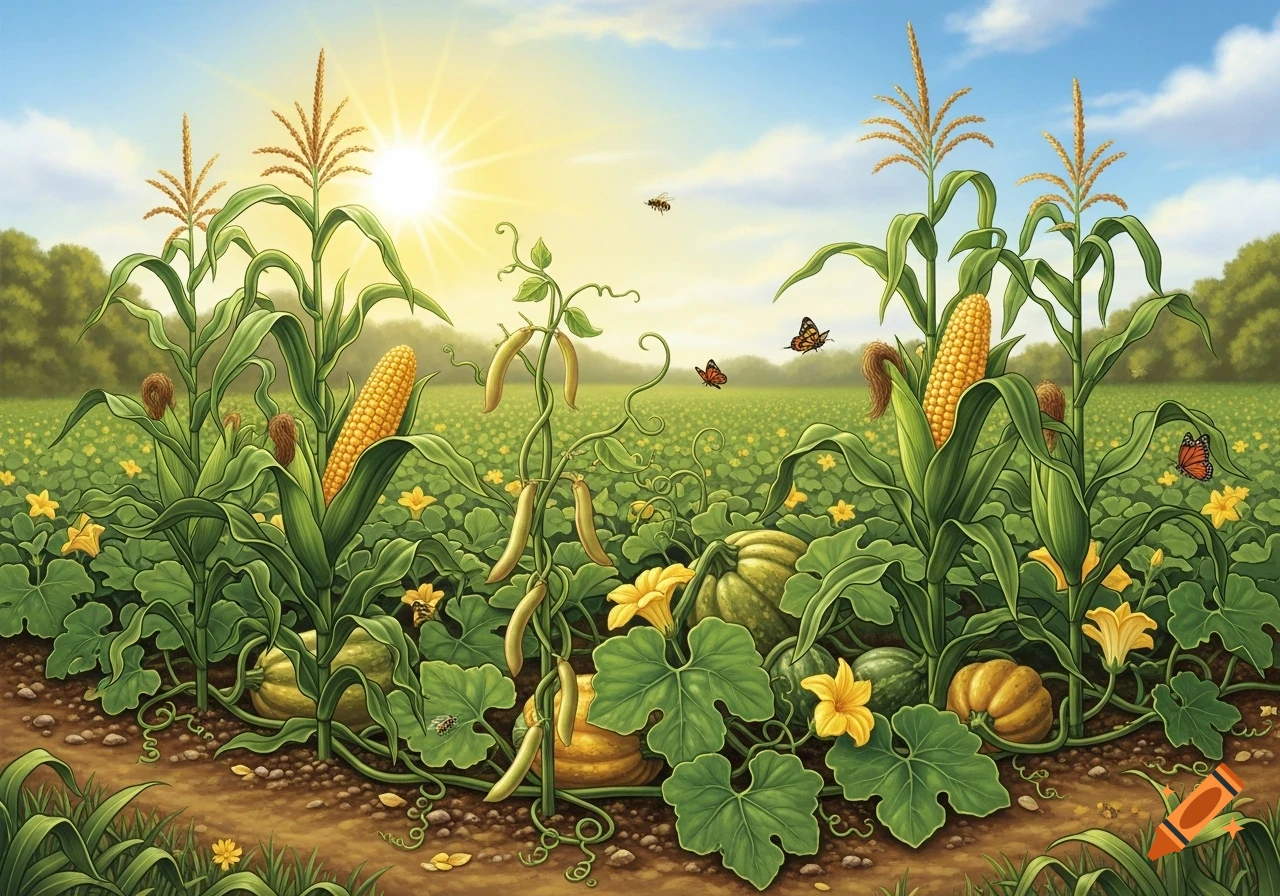 An illustrative vibrant field of corn, squash, and beans under a bright sun, with butterflies and bees.