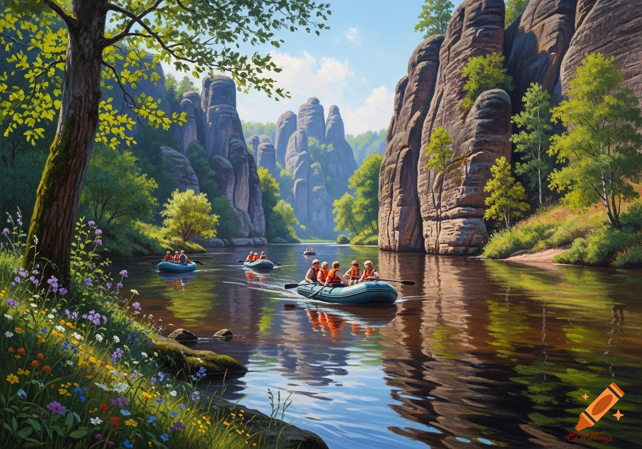 Oil painting of people rafting down a river flanked by towering rock formations and lush green trees under a blue sky.