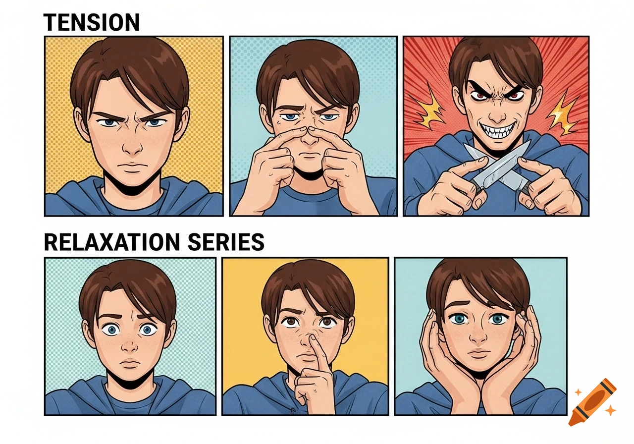 A comic-style panel illustration showing a person's expressions and gestures to convey tension and relaxation. The top row depicts tension with a stern face, pinching the nose, and a menacing grin while holding two knives. The bottom row shows relaxation with a worried face, touching the nose, and hands cupping the face.